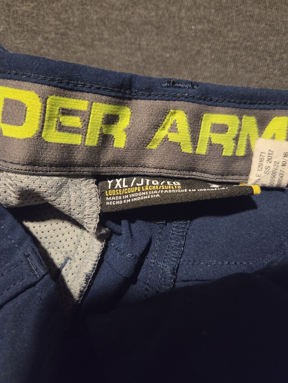 Under Armour Navy Athletic Shorts with Neon Yellow Waistband Text